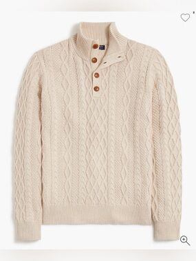 NEW J. Crew Cable-knit mockneck buttoned sweater hthr oatmeal BU292 $138 Medium